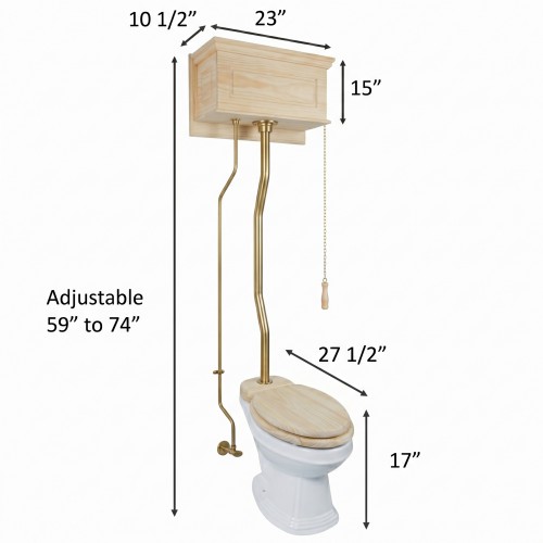Unfinished Wooden High Tank Pull Chain Toilet 59" to 74" Adjustable Height Brass Z Pipe and Elongated Toilet Bowl image-2