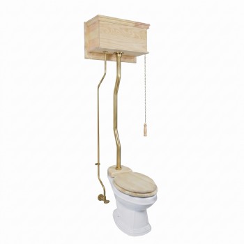 Unfinished Wooden Flat High Tank Pull Chain Toilet 59" to 74" Adjustable Height Brass Z Pipe and Elongated Toilet Bowl image-1