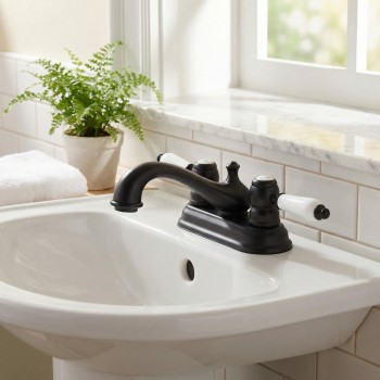Black Polished Centerset Faucet 4" L White Double Handles Labeled Hot and Cold 