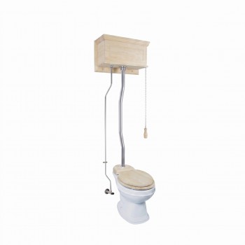 Unfinished Wooden High Tank Z-Pipe Toilet Round White Bowl image-2