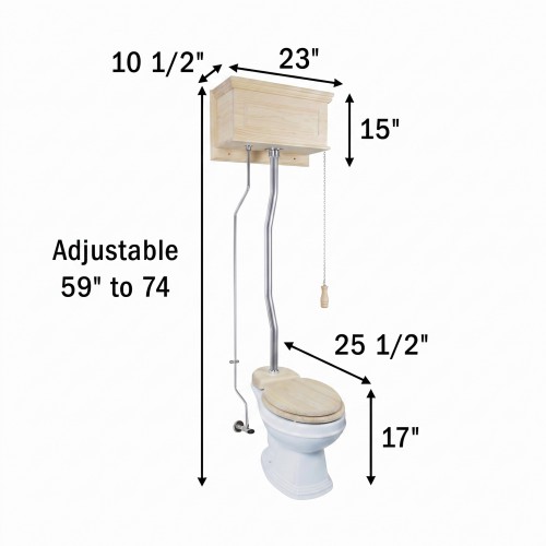 Unfinished Wooden High Tank Z-Pipe Toilet Round White Bowl image-3