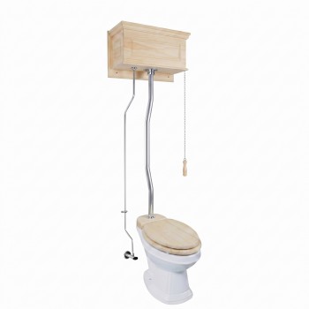 Unfinished Wooden High Tank Z-Pipe Toilet Elongated White Bowl image-1