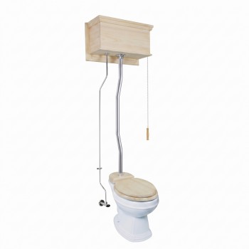 Unfinished Wooden High Tank Z-Pipe Toilet Round White Bowl image-1
