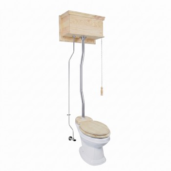 Unfinished Wooden High Tank Z-Pipe Toilet Elongated White Bowl image-1