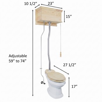 Unfinished Wooden High Tank Z-Pipe Toilet Elongated White Bowl image-2