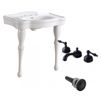 White Console Sink China Two Spindle Legs with Black 8" Faucet - Pack of 12 
