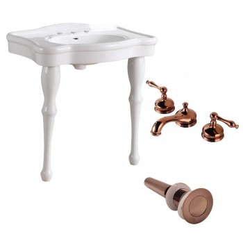 White Console Sink China Two Spindle Legs with Rose Gold 8" Faucet - Pack of 12 