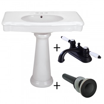 White Darbyshire Bathroom Pedestal Sink with 4" Center Set Faucet and Drain 