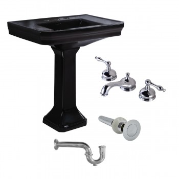 Black Large Pedestal Sink Victorian With 8" Widespread Faucet, Drain & P-Trap Included 