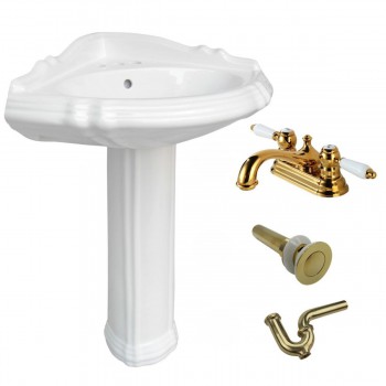 White Corner Pedestal Sink Sheffield w/ Faucet,Drain & P-Trap 