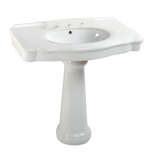 White Pedestal Sink with 8" Widespread Faucet Black Traditional image-4
