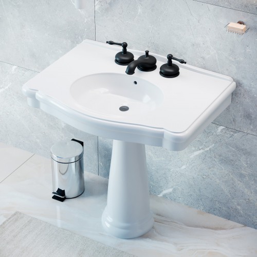 White Pedestal Sink with 8" Widespread Faucet Black Traditional image-3