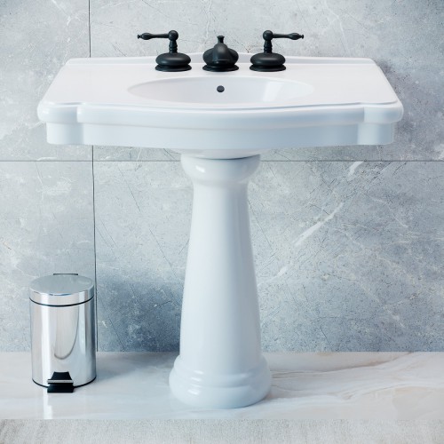 White Pedestal Sink with 8" Widespread Faucet Black Traditional image-2