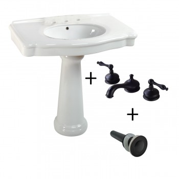 White Pedestal Sink with 8" Widespread Faucet Black Traditional 