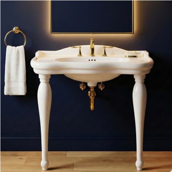 White 40" W Console Bathroom Sink with 2 Spindle Legs with Overflow and Widespread Faucet Holes 