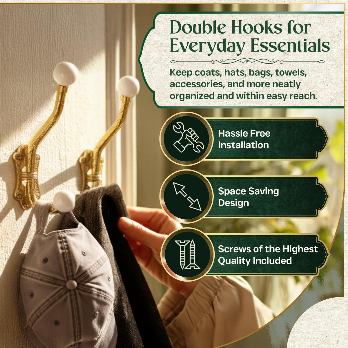 Vintage Brass Coat Hat Hook Double Porcelain Ball Tip image-2