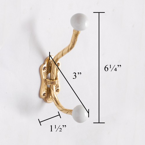 Vintage Brass Coat Hat Hook Double Porcelain Ball Tip image-14