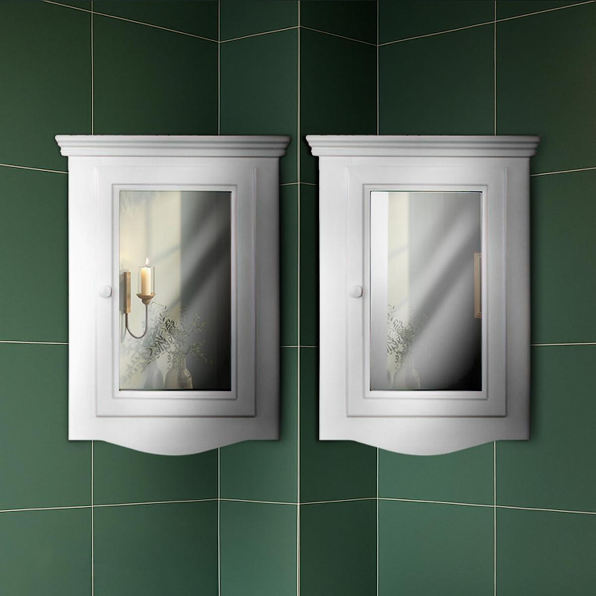 Corner Medicine Cabinet White Hardwood Wall Mount Recessed Mirror Set of 2 image-6