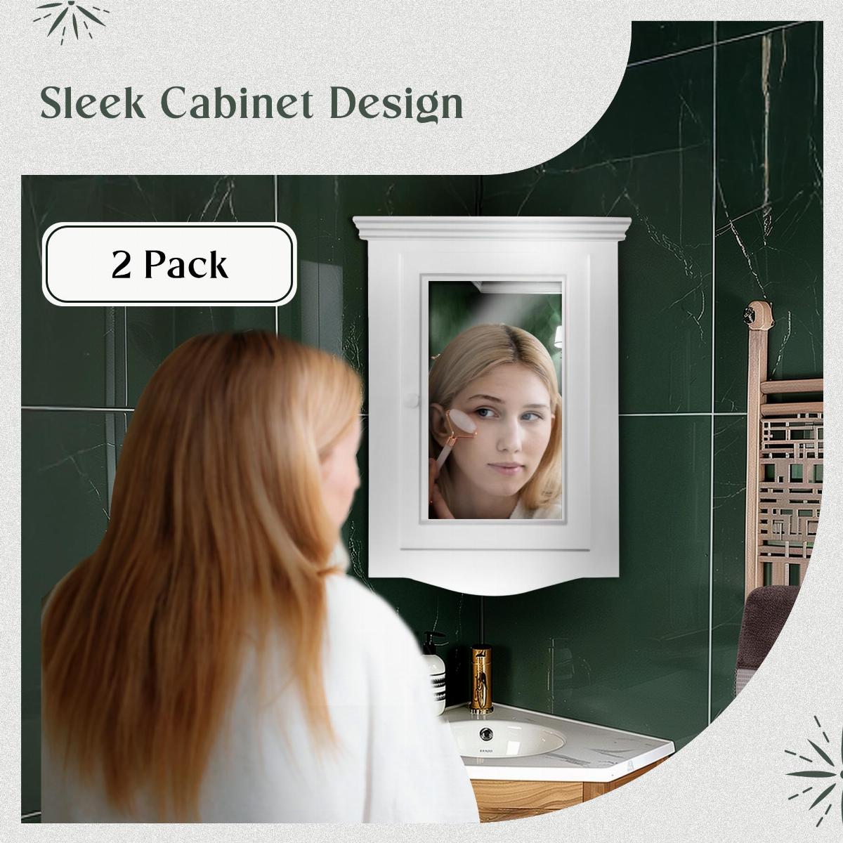 Corner Medicine Cabinet White Hardwood Wall Mount Recessed Mirror Set of 2 image-4