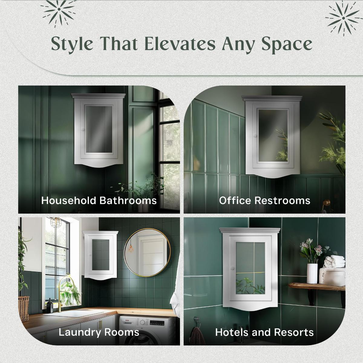 Corner Medicine Cabinet White Hardwood Wall Mount Recessed Mirror Set of 2 image-5