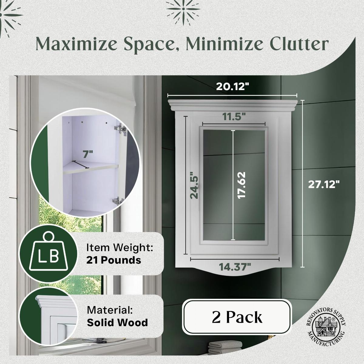 Corner Medicine Cabinet White Hardwood Wall Mount Recessed Mirror Set of 2 image-2