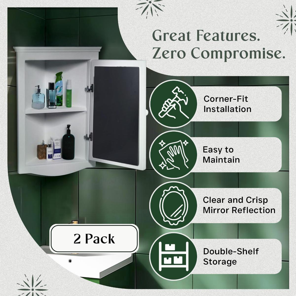 Corner Medicine Cabinet White Hardwood Wall Mount Recessed Mirror Set of 2 image-3