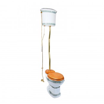 White High Tank Pull Chain Toilet Green and Gold India Reserve Design Wall Mounted Tall Top Entry Brass Pipes with Elongated Bowl 