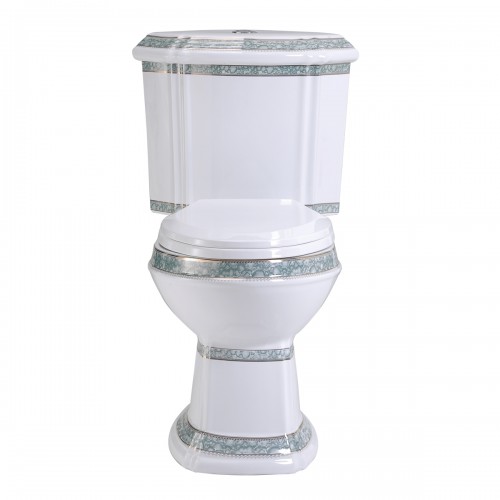 Corner Elongated Two Piece Dual Flush Bathroom Toilet India Reserve Design Green Gold Painted image-14