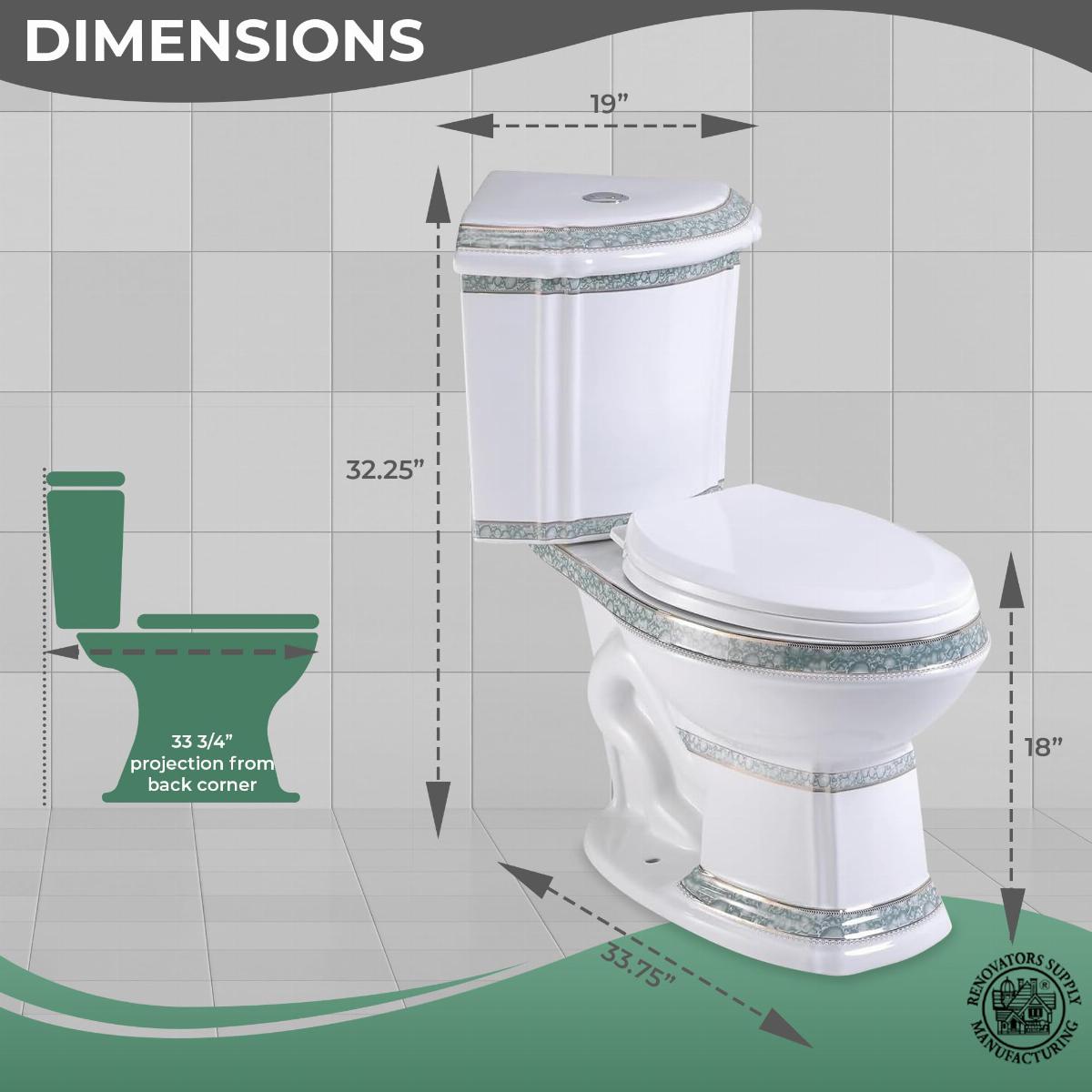Corner Elongated Two Piece Dual Flush Bathroom Toilet India Reserve Design Green Gold Painted image-4