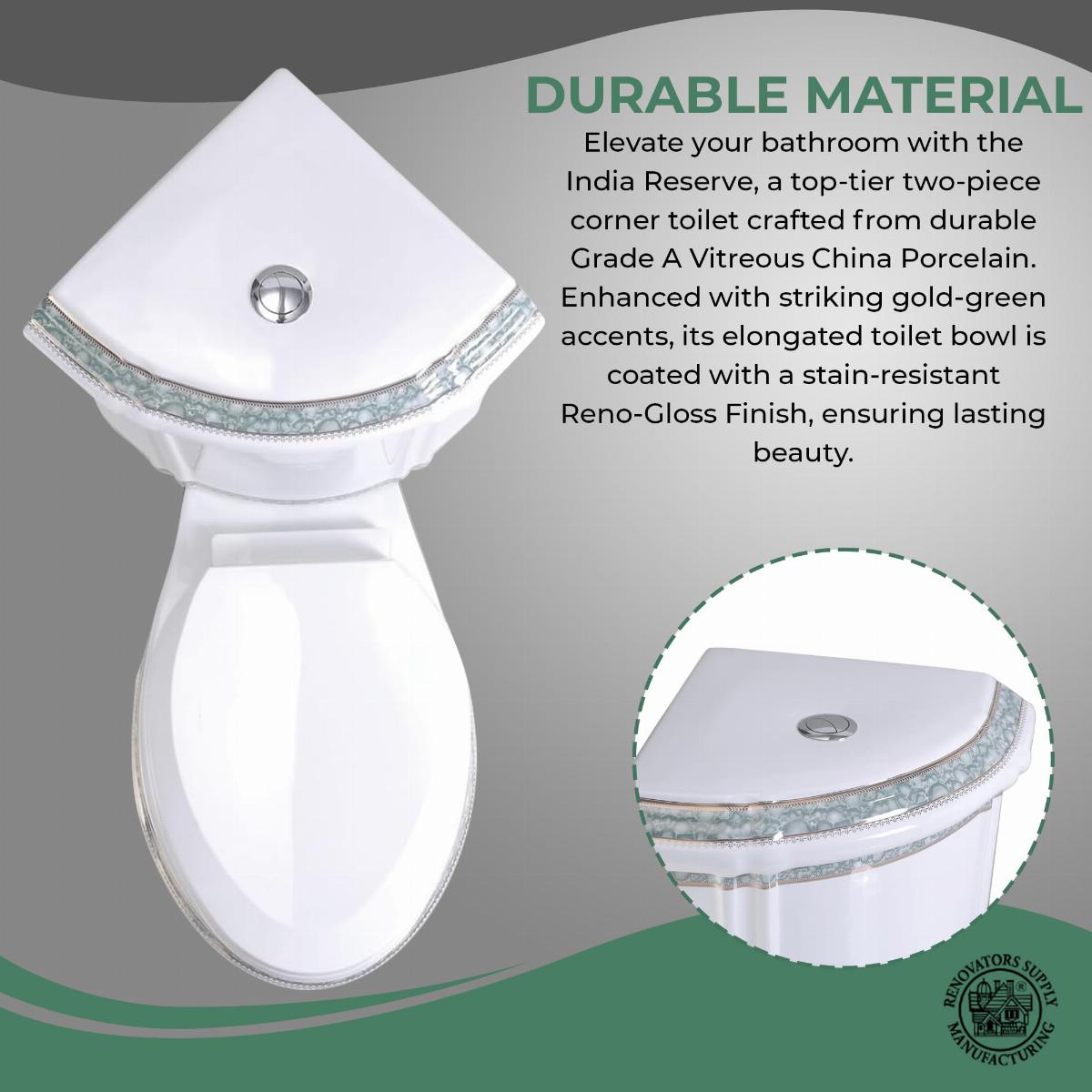 Corner Elongated Two Piece Dual Flush Bathroom Toilet India Reserve Design Green Gold Painted image-7