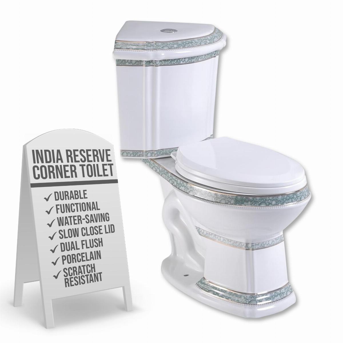 Corner Elongated Two Piece Dual Flush Bathroom Toilet India Reserve Design Green Gold Painted image-3