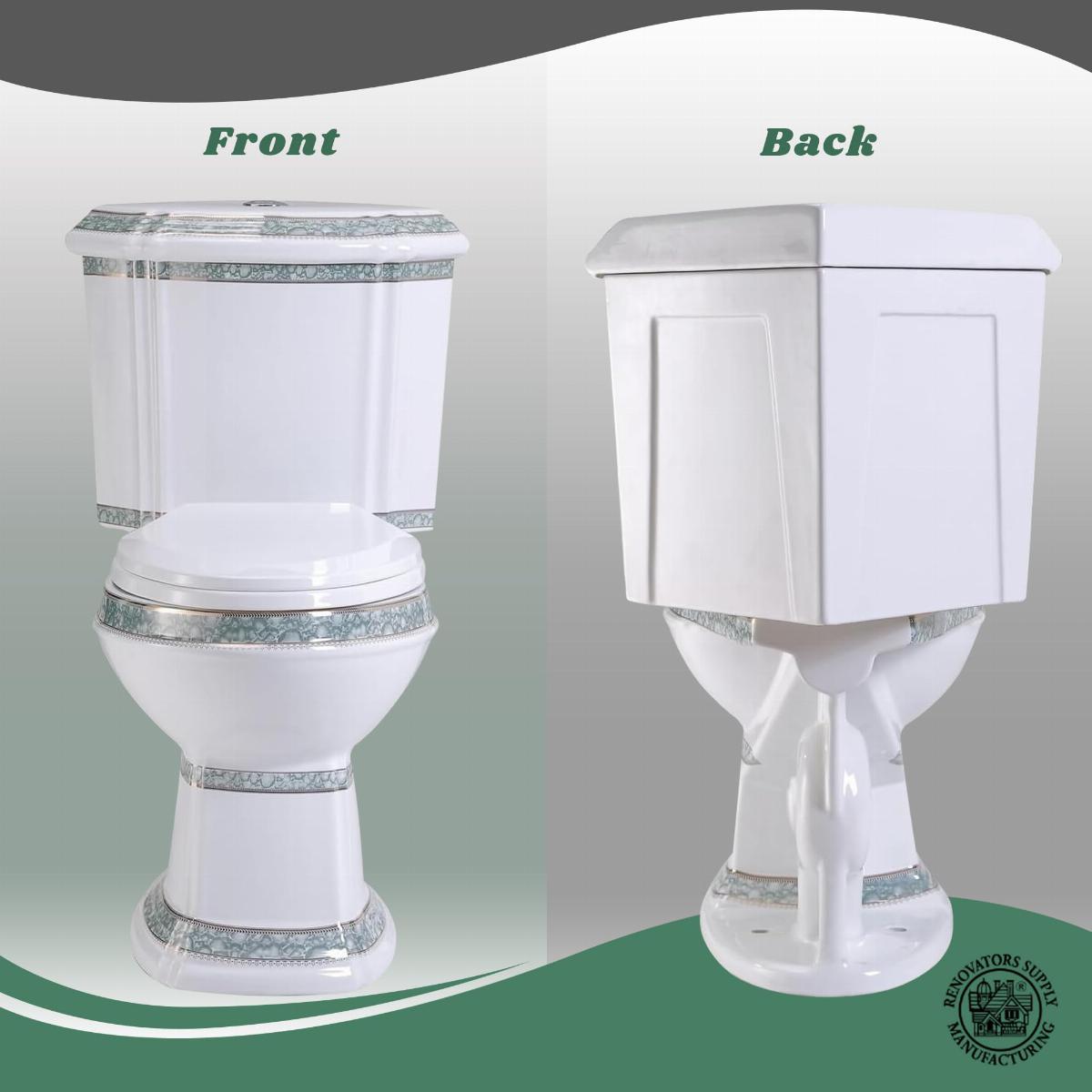 Corner Elongated Two Piece Dual Flush Bathroom Toilet India Reserve Design Green Gold Painted image-9