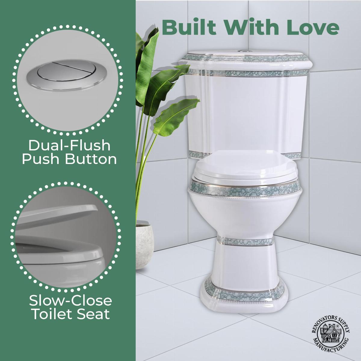 Corner Elongated Two Piece Dual Flush Bathroom Toilet India Reserve Design Green Gold Painted image-5