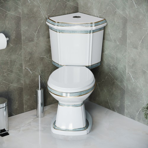 Corner Elongated Two Piece Dual Flush Bathroom Toilet India Reserve Design Green Gold Painted image-2