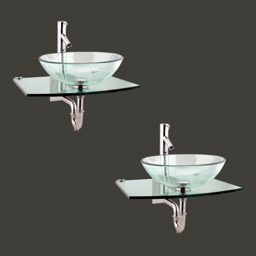 2 Unique Tempered Glass Wall Mount Vessel Sink Clear Durable Set of 2 image-2