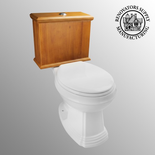 Low Tank Toilet with Light Oak Flat Panel Tank Elongated White Bowl image-3