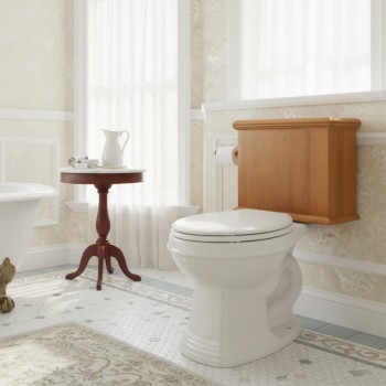 Low Tank Toilet with Light Oak Flat Panel Tank Elongated White Bowl 