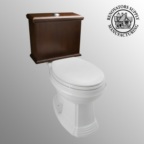 Low Tank Toilet with Dark Oak Flat Panel Tank Elongated White Bowl image-3