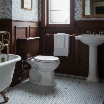 Low Tank Toilet with Dark Oak Flat Panel Tank Elongated White Bowl 
