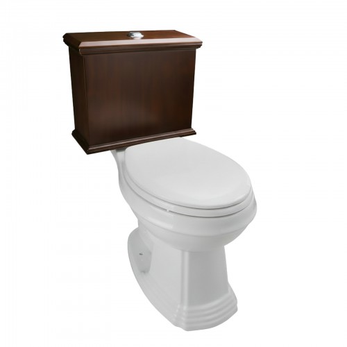 Low Tank Toilet with Dark Oak Flat Panel Tank Elongated White Bowl image-2