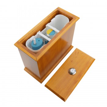 Low Tank Toilet with Light Oak Flat Panel Tank Round White Bowl image-4