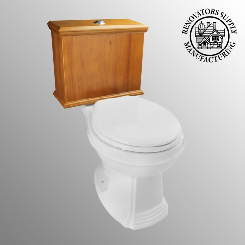 Low Tank Toilet with Light Oak Flat Panel Tank Round White Bowl image-3