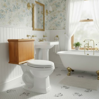 Low Tank Toilet with Light Oak Flat Panel Tank Round White Bowl image-1