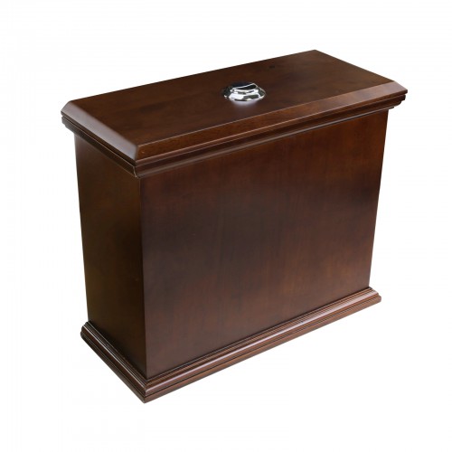 Low Tank Toilet with Dark Oak Flat Panel Tank Round White Bowl image-4