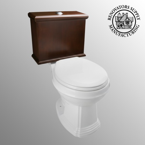 Low Tank Toilet with Dark Oak Flat Panel Tank Round White Bowl image-3