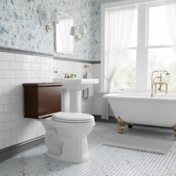 Low Tank Toilet with Dark Oak Flat Panel Tank Round White Bowl 
