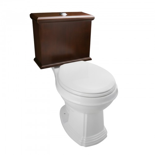 Low Tank Toilet with Dark Oak Flat Panel Tank Round White Bowl image-2