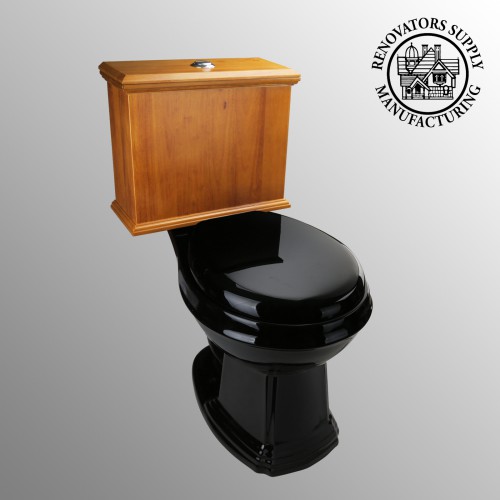 Low Tank Toilet with Light Oak Flat Panel Tank Round Black Bowl image-2