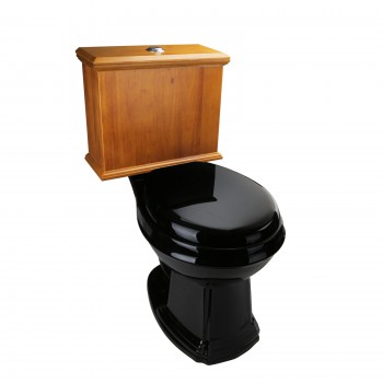 Low Tank Toilet with Light Oak Flat Panel Tank Round Black Bowl 