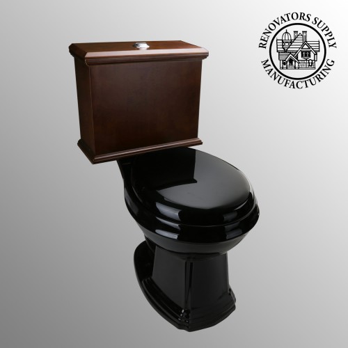 Low Tank Toilet with Dark Oak Flat Panel Tank Round Black Bowl image-2